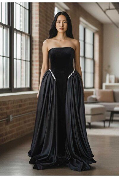 MODA Straplez Kadife Taşlı Abiye Elbise