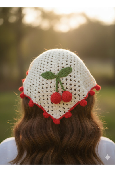 ENA Kiraz örgü bandana, el örgüsü,