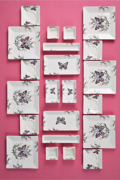 Piatti Naturali 22 Parça 6 Kişilik Çay Tabaklı Kelebek Lüx Kahvaltı Takımı Ka...