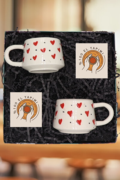 Janset Küyahya Handmade Set of 2 Heart Patterned Mugs