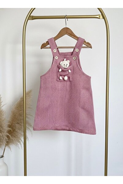 morbella Ayıcıklı Çizgili Kız Çocuk Salopet Elbise / Kışlık Örgü Görünümlü As...