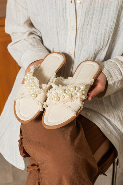 dabab shoes Mirella Women's Pearl Straw Textured Flat Stylish Ecru Slippers