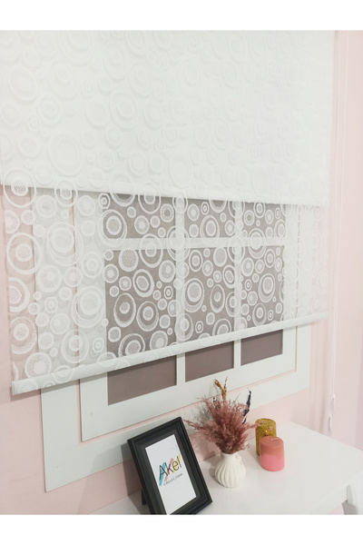 evana home Çift Mekanizmalı Beyaz Daire Desenli Tül Stor Perde