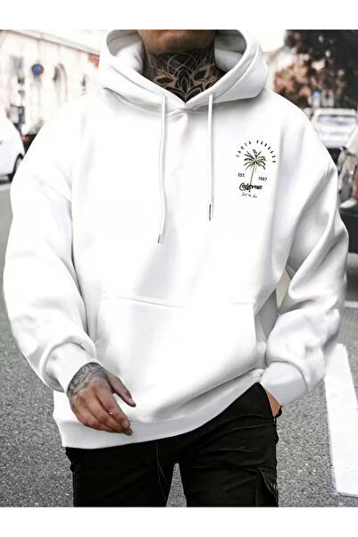 LAYORA Men's Casual Tropical Palm Tree Printed Hooded Sweatshirt