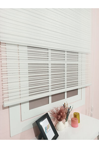 evana home Çift Mekanizmalı Beyaz Parlak Çizgili Tül Stor Perde