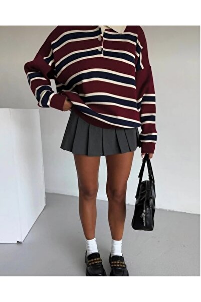 miratriko Women's Polo Neck Buttoned Burgundy Knitwear Sweater