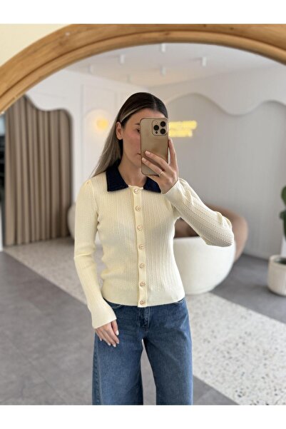 Sadık Collection Women's Polo Neck Tricot with Denim Trim