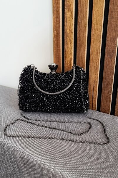 çantamgelsin Women's Scholarship Hand and Cross Chain Long Strap Crystal Stone Black Evening Dress Bag