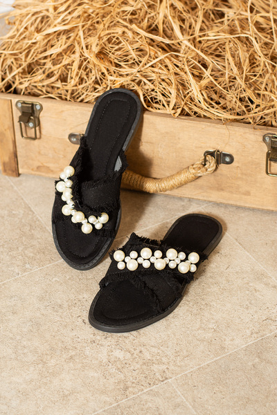 dabab shoes Mirella Women's Pearl Straw Textured Flat Stylish Black Slippers