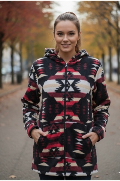 BİLGENS BUTİK Women's Ethnic Patterned Hooded Fleece Cardigan