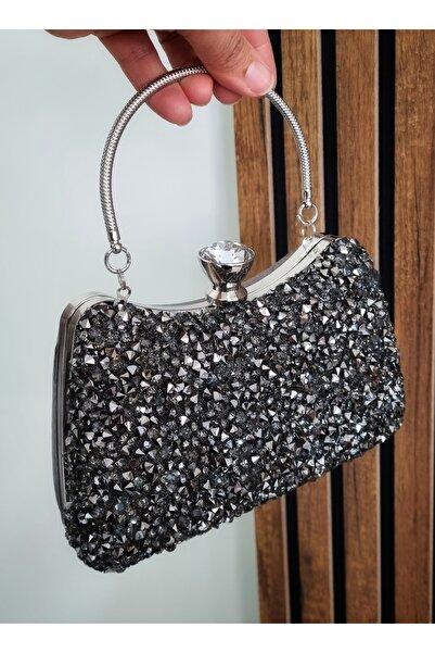 çantamgelsin Women's Anthracite Evening Dress Bag with Large Crystal Stone Hand and Long Chain Strap
