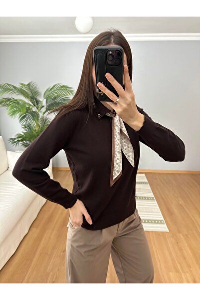 Sadık Collection Women's Brown Polo Neck Scarfed Long Sleeve Knitwear 140518