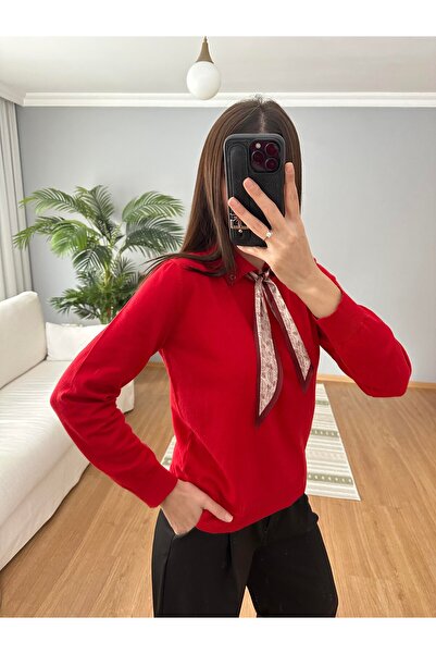Sadık Collection Women's Red Polo Neck Scarf with Long Sleeves Tricot 140518