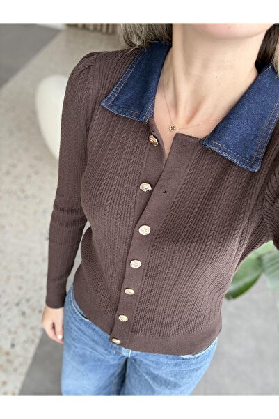 Sadık Collection Women's Polo Neck Tricot with Denim Trim