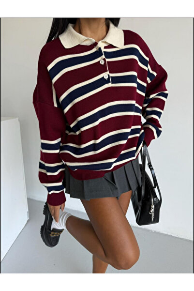 miratriko Women's Polo Neck Buttoned Burgundy Knitwear Sweater