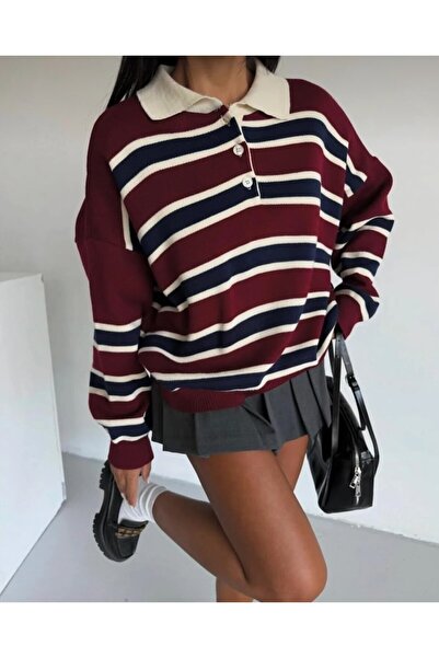 miratriko Women's Polo Neck Buttoned Burgundy Knitwear Sweater