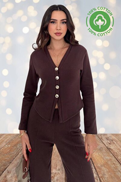 Moda Amore Women's Thessaloniki Fabric Gold Button Cardigan Pants Two-Piece Set (S-Xl) 5009