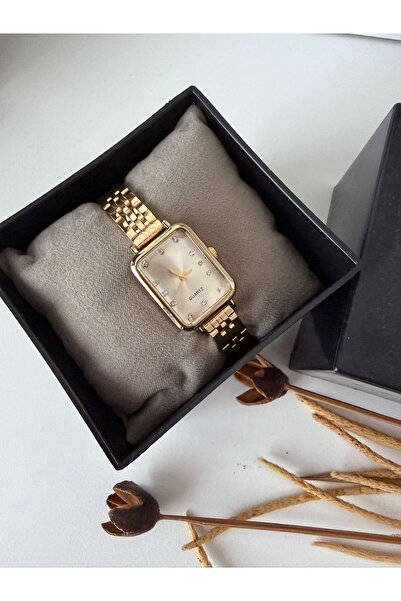 ACCESSORYHUB Gold Dikdörtgen Taş Indexli Kadın Çelik Saat – Şık Minimal Tasarım