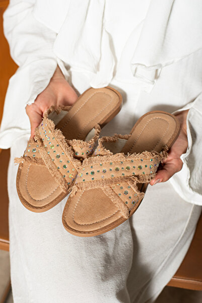 dabab shoes İnka Women's Straw Textured Bird's Eye Detailed Flat Tan Slippers