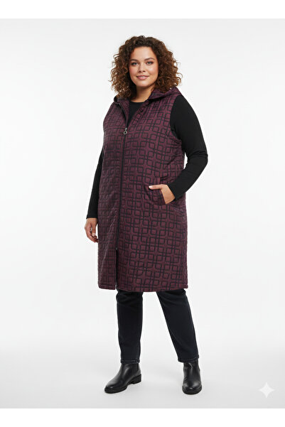 wishne BÜYÜK BEDEN KAPÜŞONU ÇIKARILABİLİR DESENLİ UZUN KAPİTONE YELEK