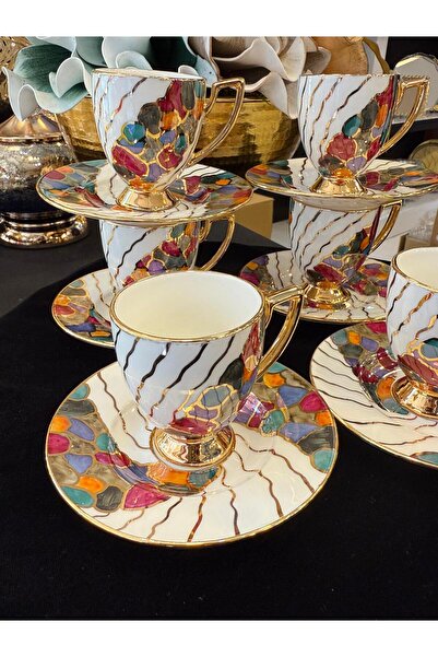 LOKMAN ZÜCCACİYE SHOWROOM 24K Original Gold Gilt Special Design Hand Painted Coffee Cup Set 90 ml Mdl13