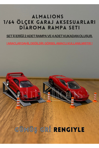 almalions منحدر سيارات دياروما بمقياس 1/64 قطعتان + 4 قطع من ملحقات جراج كوكا - رمادي فضي