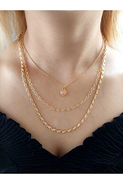 Madam Bikan Gold Renk Pembe Kalp Detaylı Üçlü Kolye