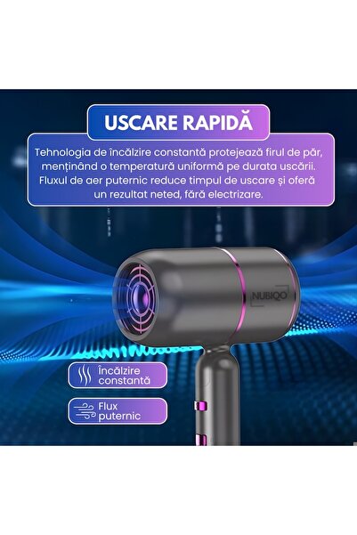 Nubiqo Professional Hair Dryer with Negative Ions 2000W, 3 Heat + Cool, 2 Speeds, Black