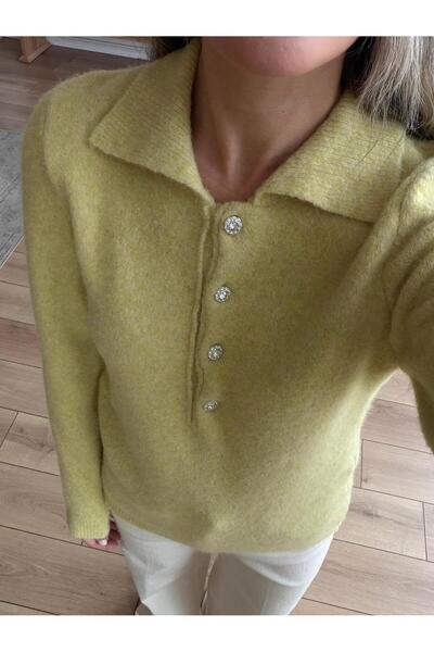 Sadık Collection Women's Polo Neck Stone Button Detailed Lime Sweater Bisou