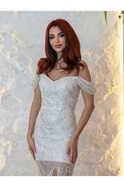 Hard Couture Long evening dress with stones and pearls and dropped shoulders – Glam & Elegance Edition