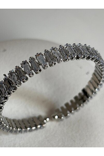 BHR AKSESUAR Gümüş Suyolu Zirkon Taşlı Esnek Kelepçe Bileklik