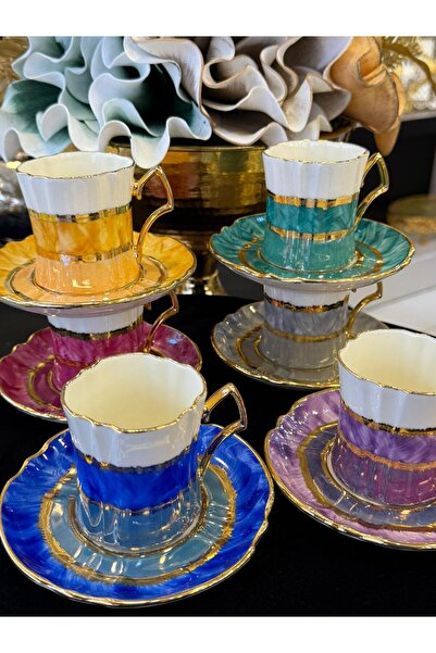 LOKMAN ZÜCCACİYE SHOWROOM 6 Pcs 24K Gold Gilt Special Design Colorful Hand Painting Coffee Cup Set 90ml Mdl-12
