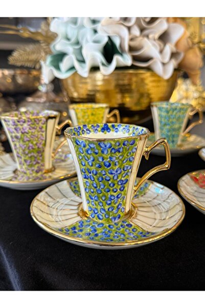 LOKMAN ZÜCCACİYE SHOWROOM 6 Personalized Colorful 24K Original Gold Gilt Hand Painted Coffee Cup Set 90 ml Model9