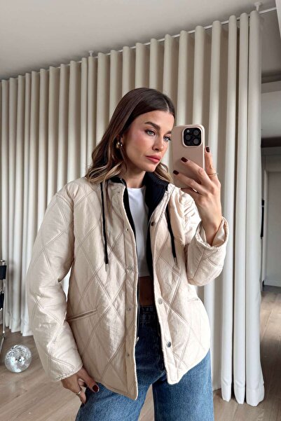 Sue Store Stone Color Lined Hooded Quilted Coat