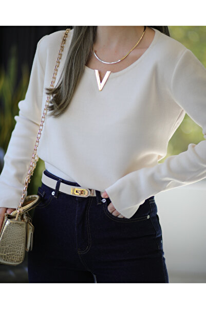 Sadık Collection Women's V Gold Buckle Detailed Soft Knitwear Blouse 5832