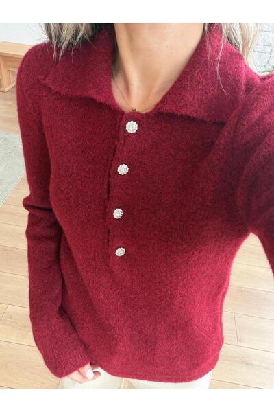 Sadık Collection Women's Polo Neck Stone Button Detailed Lime Sweater Bisou