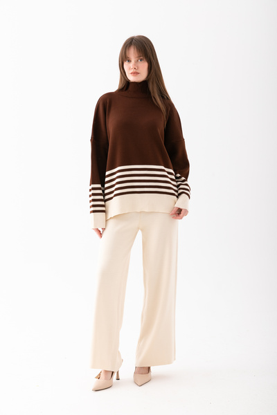 cebe triko Women's Striped Patterned Knitwear Set, Bottom Top Knitwear Set, Knitwear Sweater Pants Two-Piece Set.