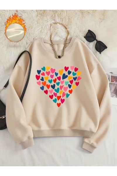 PALPİTO Ženska bež dukserica sa srcem i kišom Štampano okrugla kragna Oversiz...