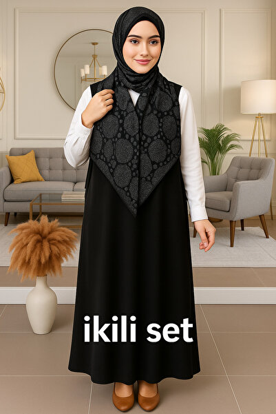 ELMODA Women's Black Adjustable Drawstring Gilet and Hijab Shawl