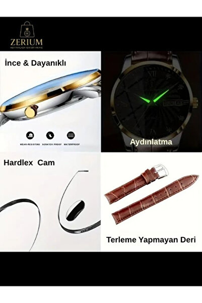 ZERİUM Trend Men's Waterproof Stylish Leather Watch 3Atm Quartz with Calendar