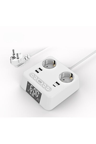 Nubiqo ® power strip with electronic clock, 2 EU sockets, 3x USB, 1x USB-C PD 3.4A, LED display, chi