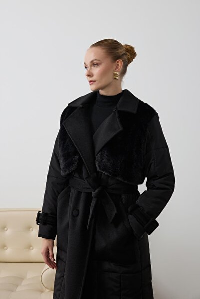 Hilay Monze Düğmeli Kürk Garnili Şişme Mont SİYAH