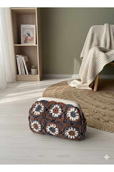 Patiska Tasarım El Örgüsü Granny Square Çanta Tütün Gri Nubuk İpli Astarlı Burslu Portföy