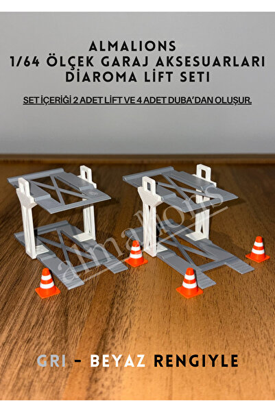 almalions 1/64 Scale Diaroma Vehicle Lift 2 Pieces + 4 Pieces Pontoon Garage Accessories Gray - White