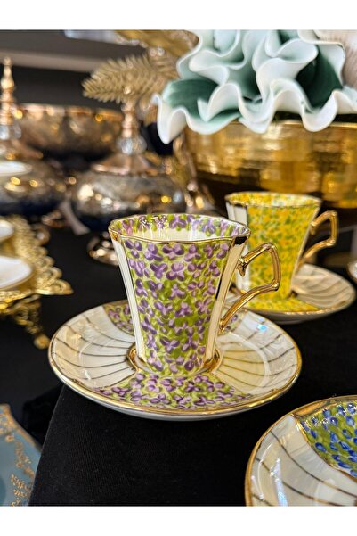 LOKMAN ZÜCCACİYE SHOWROOM 6 Personalized Colorful 24K Original Gold Gilt Hand Painted Coffee Cup Set 90 ml Model9