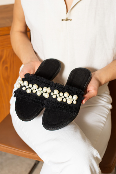 dabab shoes Minoa Women's Pearl Detailed Straw Textured Plain Black Slippers