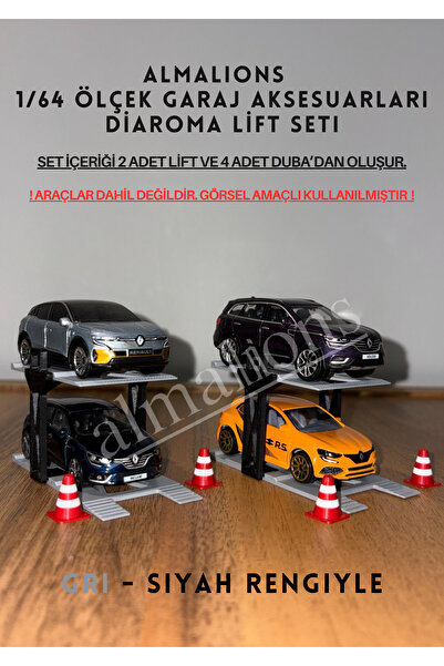 almalions رافعة سيارات دياروما بمقياس 1/64 قطعتين + 4 قطع من ملحقات الجراج الرافعة باللون الرمادي - الأسود
