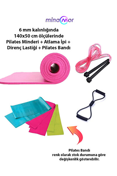Minamor 6mm Kalınlığında Pilates Minderi+Atlama İpi+Direnç Lastiği+Pilates Bandı