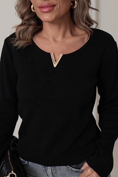 Sadık Collection Women's V Gold Buckle Detailed Soft Knitwear Blouse 5832