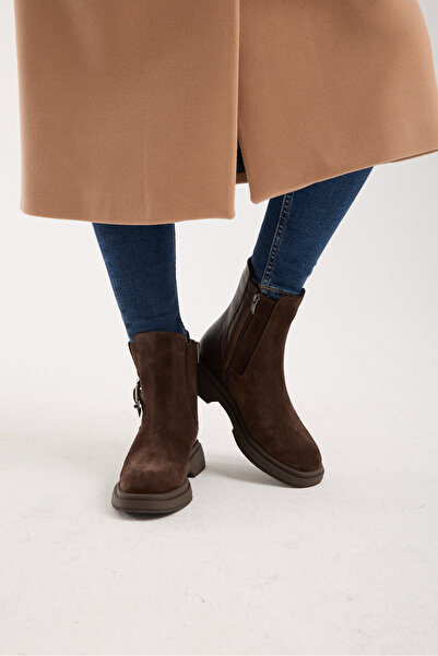 Jande Kadın Kahverengi Süet Fermuarlı Tokalı Bot – Kalın Taban Günlük ve Kışl...